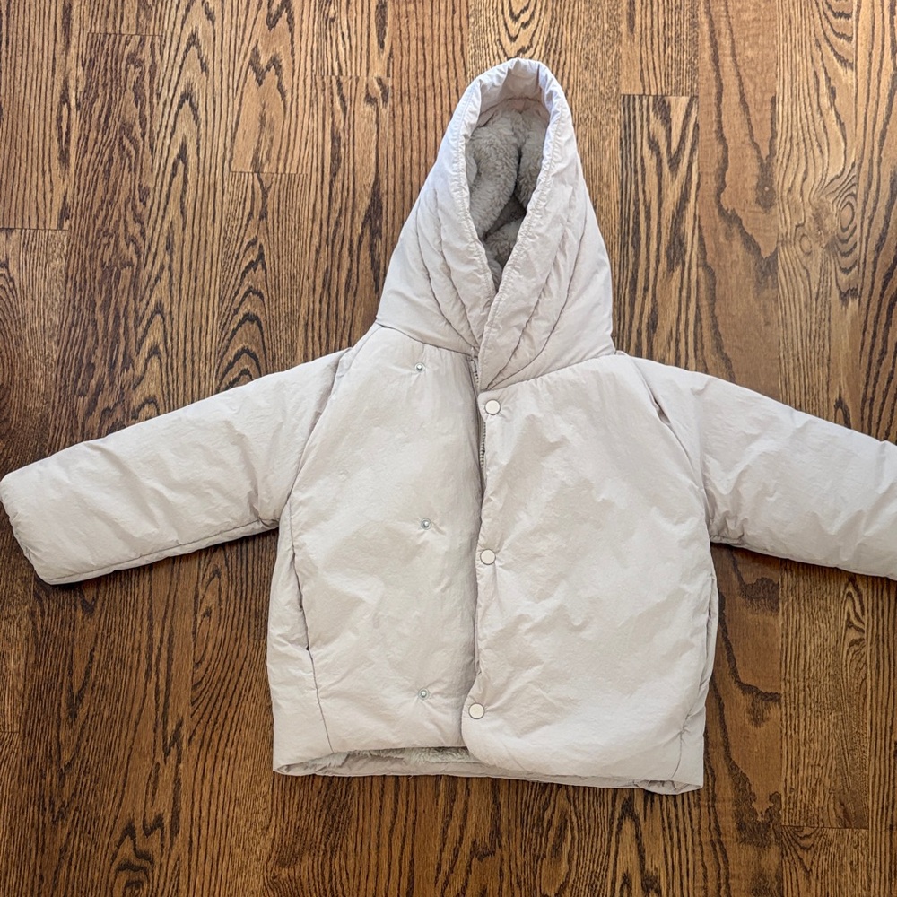 Zara Kids Hooded Puffer Coat - Light Beige/ pale pink